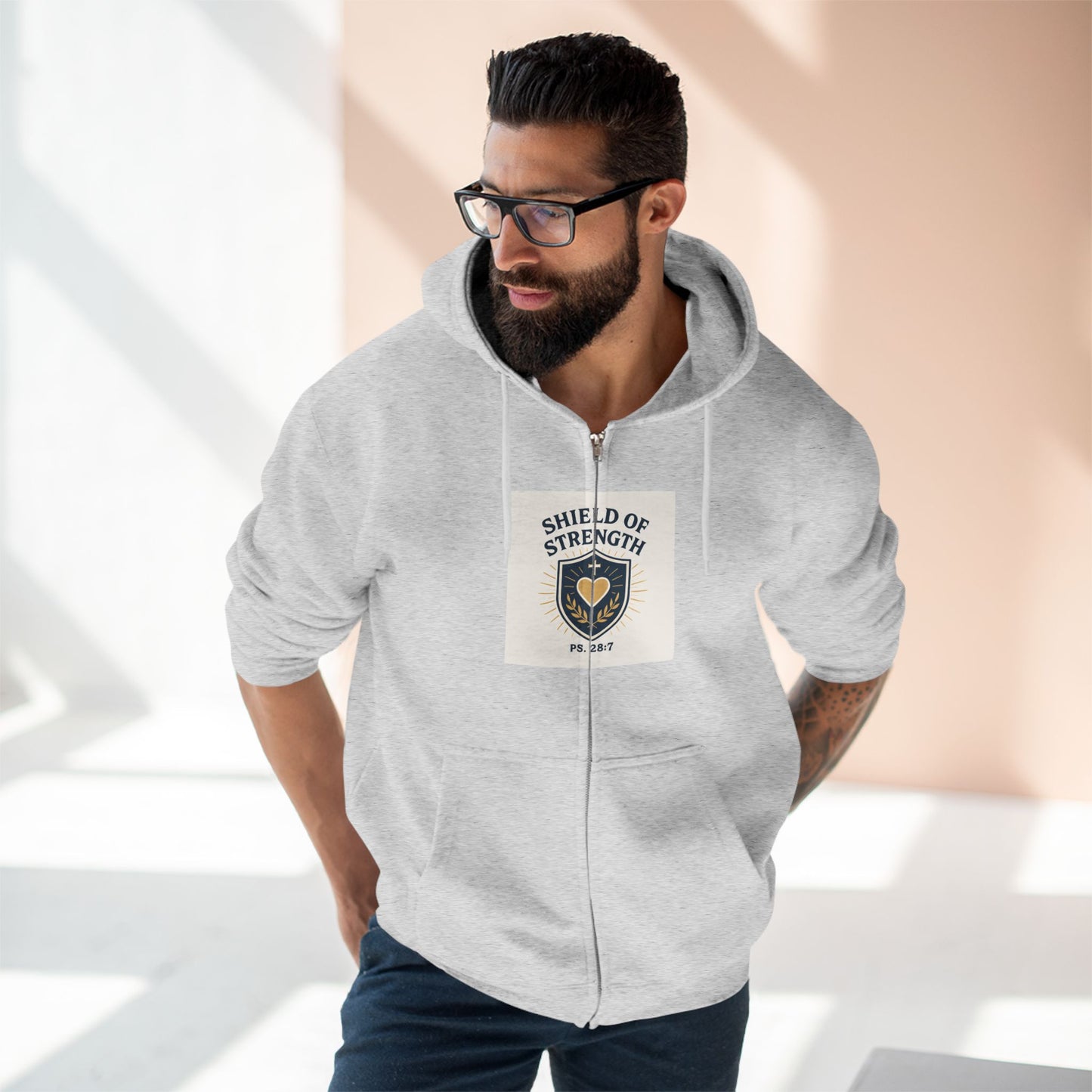 Unisex Zip Hoodie with Shield of Strength Design, Cozy Layer, Gift for Him, Inspirational Apparel, Casual Hoodie, Fitness Motivation