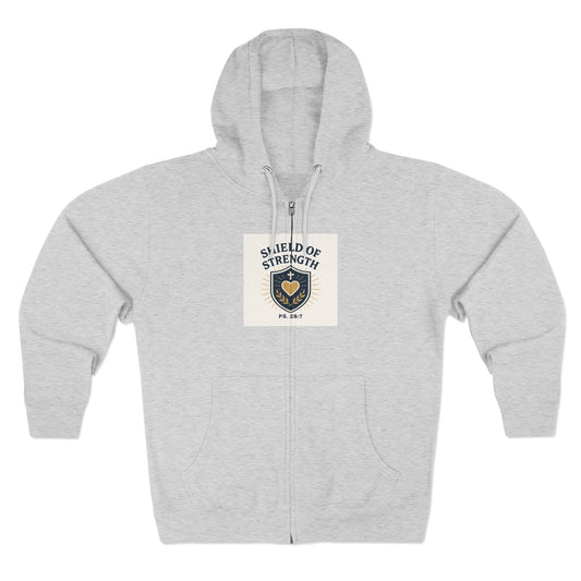 Unisex Zip Hoodie with 'Shield of Strength' Design | Casual Wear, Fitness Apparel, Gift Idea for Him/Her, Cozy Layering, Everyday Style
